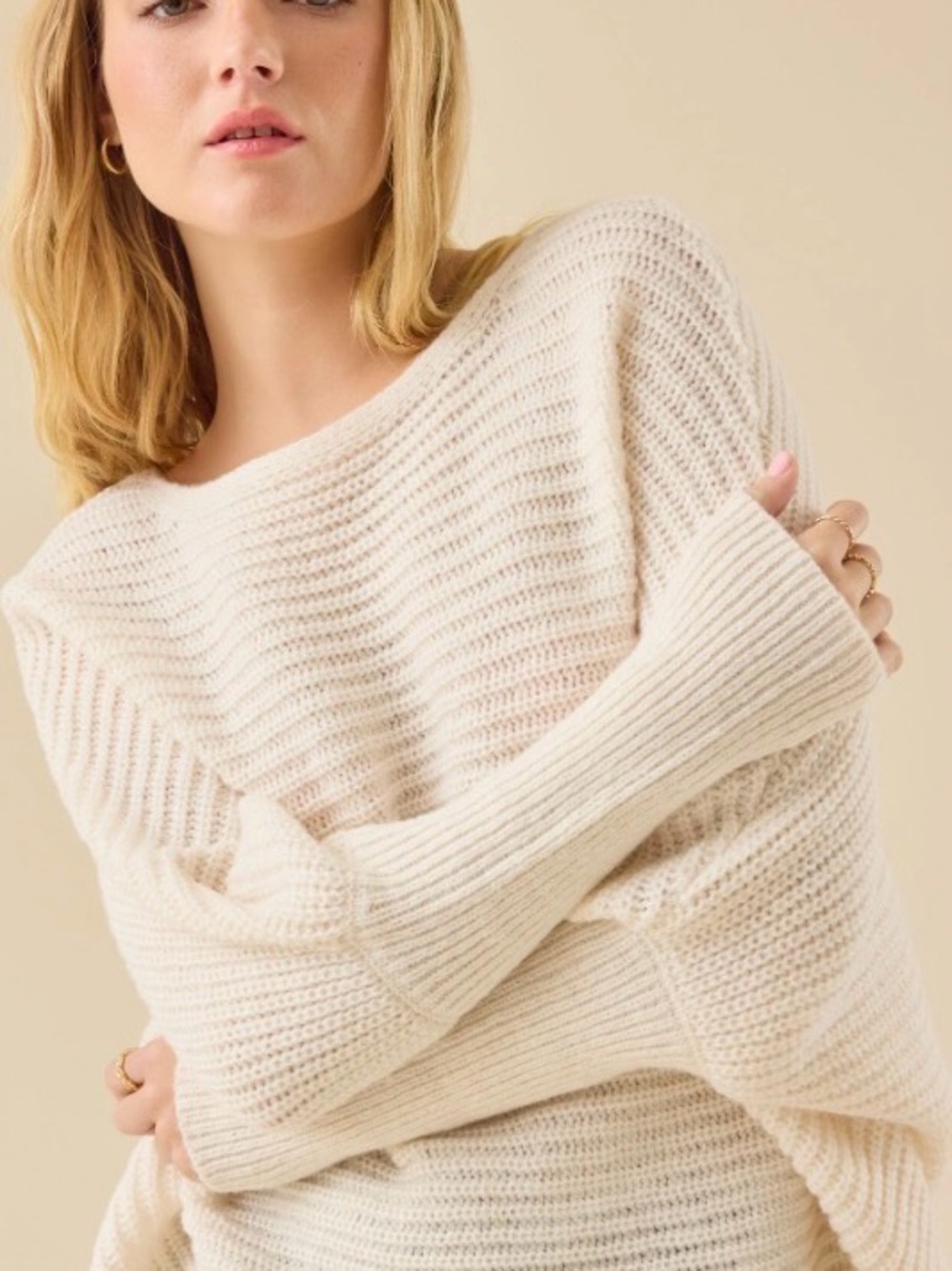 Altar'd State Cream Ribbed Knit Scoop Neck Sweater